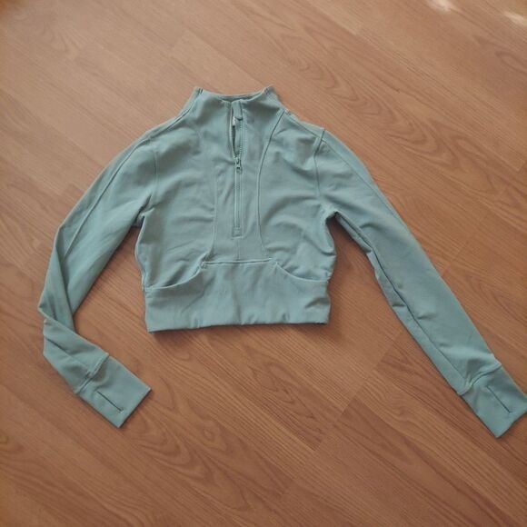 90 Degrees Reflex Green Ribbed Stretch Half Zip Cropped Long Sleeve Active Top M - Picture 2 of 9